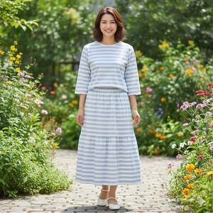 Vtg Blake by Devon Skirt Top Set Womens Sz M Striped 3/4 Slv Pleated Boho Preppy